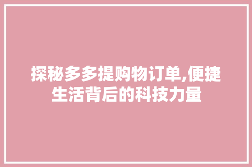 探秘多多提购物订单,便捷生活背后的科技力量