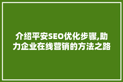 介绍平安SEO优化步骤,助力企业在线营销的方法之路 Python