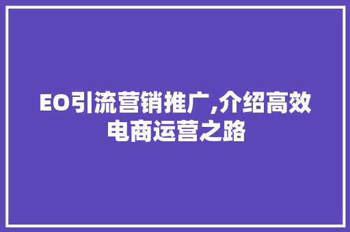 EO引流营销推广,介绍高效电商运营之路