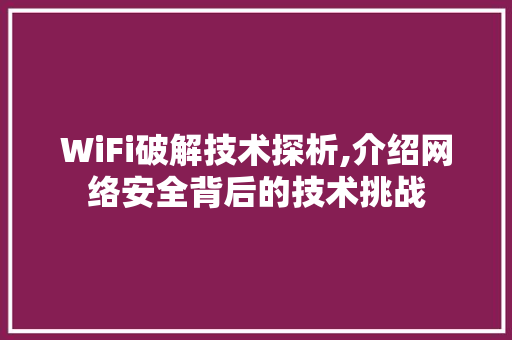 WiFi破解技术探析,介绍网络安全背后的技术挑战