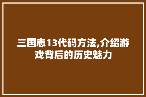 三国志13代码方法,介绍游戏背后的历史魅力