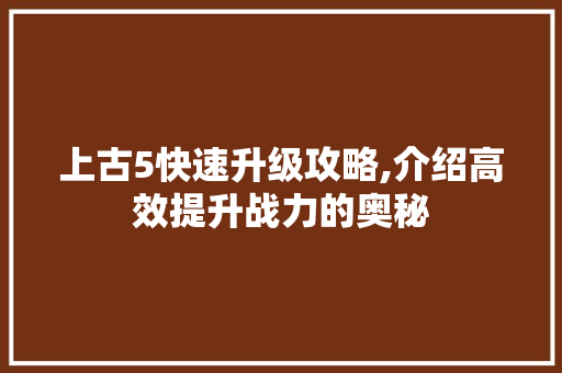 上古5快速升级攻略,介绍高效提升战力的奥秘