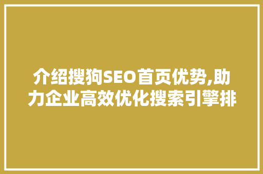 介绍搜狗SEO首页优势,助力企业高效优化搜索引擎排名