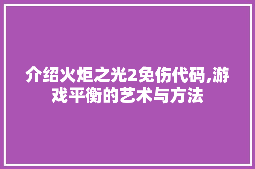 介绍火炬之光2免伤代码,游戏平衡的艺术与方法