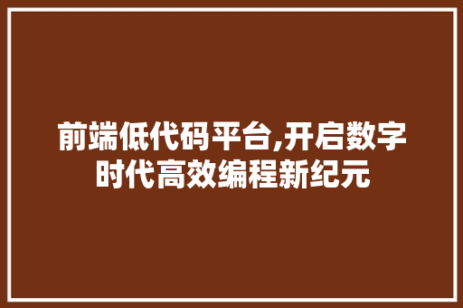 前端低代码平台,开启数字时代高效编程新纪元