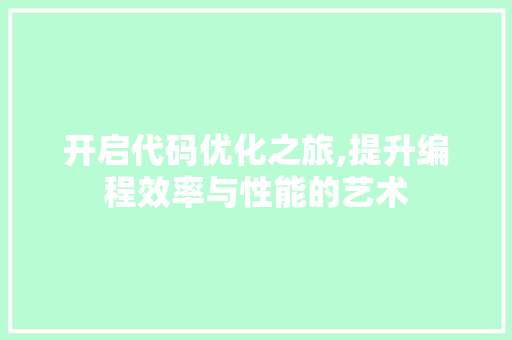 开启代码优化之旅,提升编程效率与性能的艺术