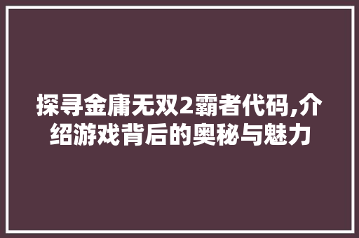 探寻金庸无双2霸者代码,介绍游戏背后的奥秘与魅力