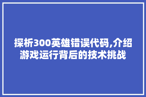 探析300英雄错误代码,介绍游戏运行背后的技术挑战