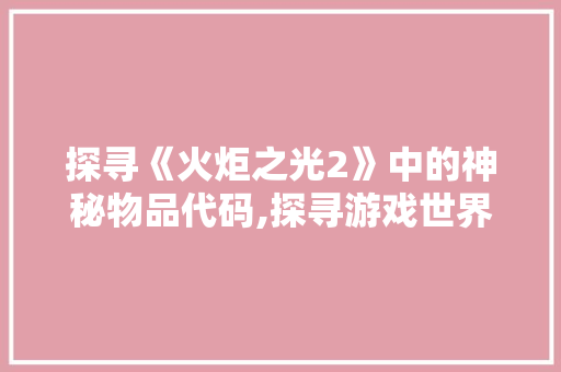 探寻《火炬之光2》中的神秘物品代码,探寻游戏世界的奥秘