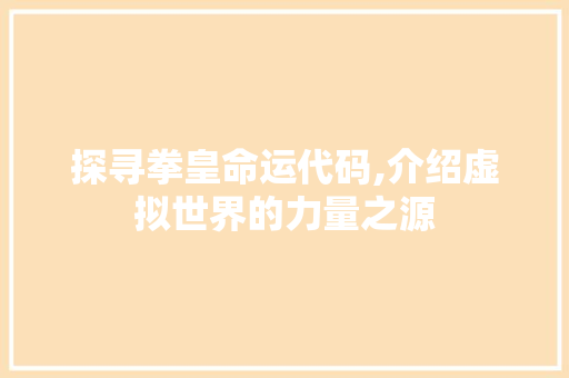 探寻拳皇命运代码,介绍虚拟世界的力量之源