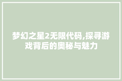 梦幻之星2无限代码,探寻游戏背后的奥秘与魅力