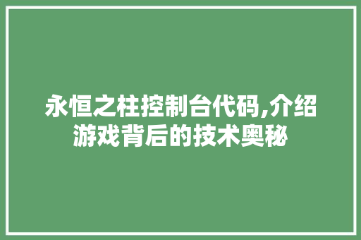 永恒之柱控制台代码,介绍游戏背后的技术奥秘