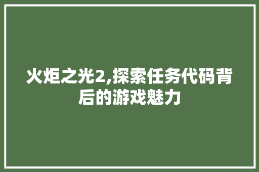 火炬之光2,探索任务代码背后的游戏魅力