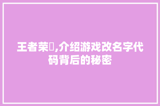 王者荣燿,介绍游戏改名字代码背后的秘密