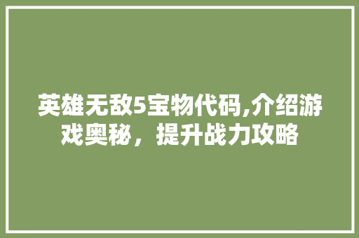 英雄无敌5宝物代码,介绍游戏奥秘，提升战力攻略