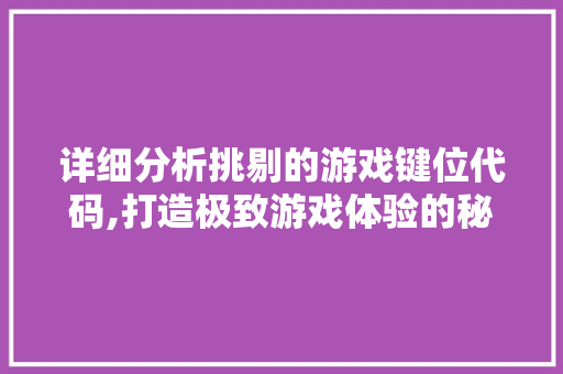 详细分析挑剔的游戏键位代码,打造极致游戏体验的秘密武器 RESTful API