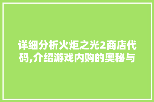 详细分析火炬之光2商店代码,介绍游戏内购的奥秘与影响