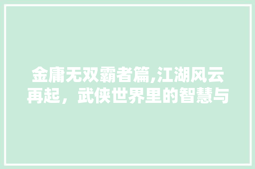 金庸无双霸者篇,江湖风云再起，武侠世界里的智慧与力量