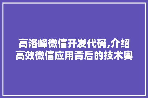 高洛峰微信开发代码,介绍高效微信应用背后的技术奥秘